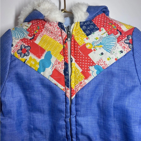 Vintage Kids Hooded Coat Blue with Patchwork - Picture 3 of 8